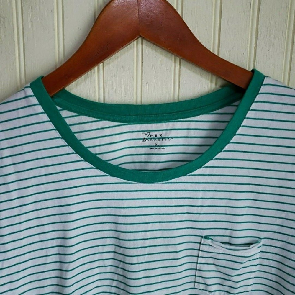 PBX Basics Shirt Womens XL White Green Crew Neck Short Sleeve Stripe Pocket Top